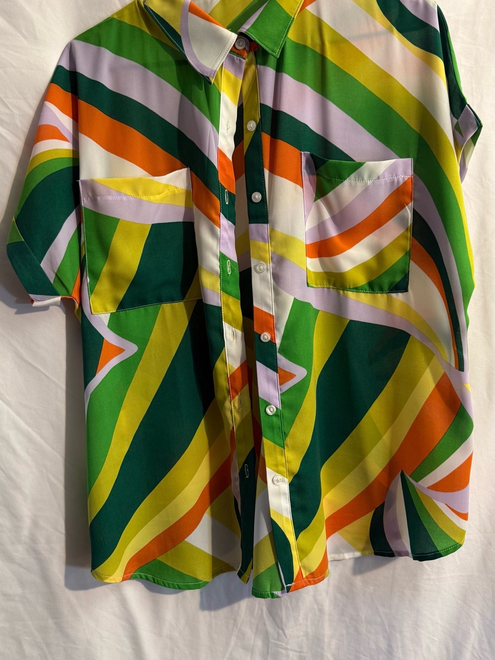 Timing Green Multi-Stripe Short Sleeve Button Front Blouse